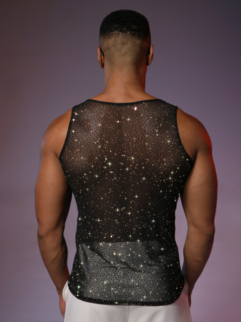 Meeste võrgust selja camisole hotfix kristallidega – streetwear disko top, polüester, ümmargune kaelus, õhuke materjal