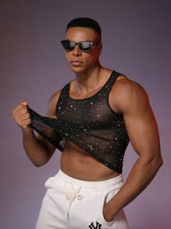 Meeste võrgust selja camisole hotfix kristallidega – streetwear disko top, polüester, ümmargune kaelus, õhuke materjal