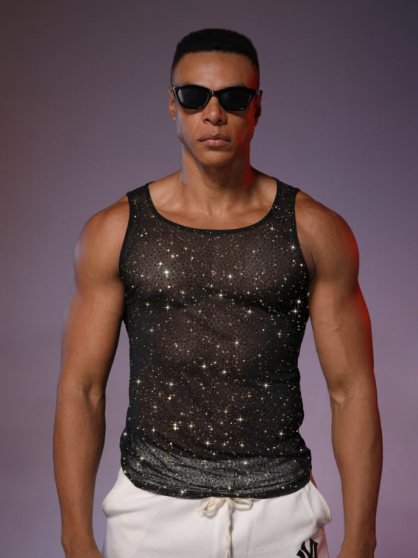Meeste võrgust selja camisole hotfix kristallidega – streetwear disko top, polüester, ümmargune kaelus, õhuke materjal