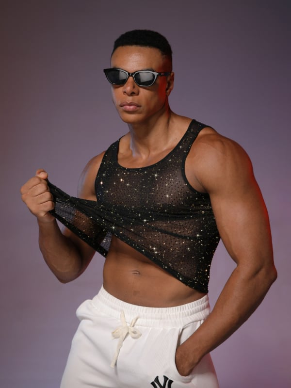 Meeste võrgust selja camisole hotfix kristallidega – streetwear disko top, polüester, ümmargune kaelus, õhuke materjal