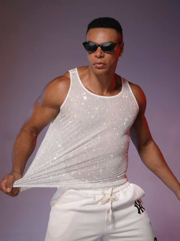 Meeste võrgust selja camisole hotfix kristallidega – streetwear disko top, polüester, ümmargune kaelus, õhuke materjal