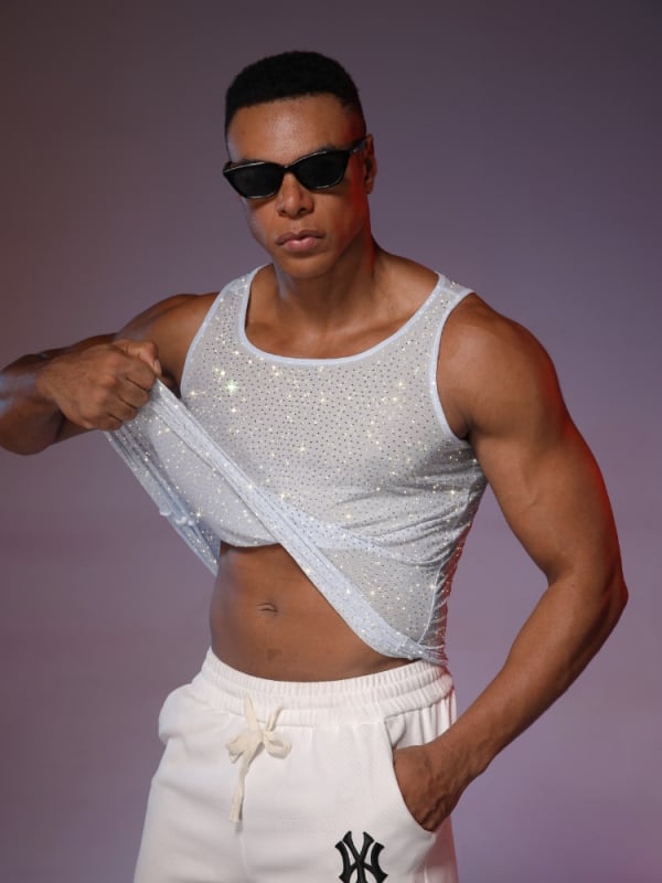 Meeste võrgust selja camisole hotfix kristallidega – streetwear disko top, polüester, ümmargune kaelus, õhuke materjal