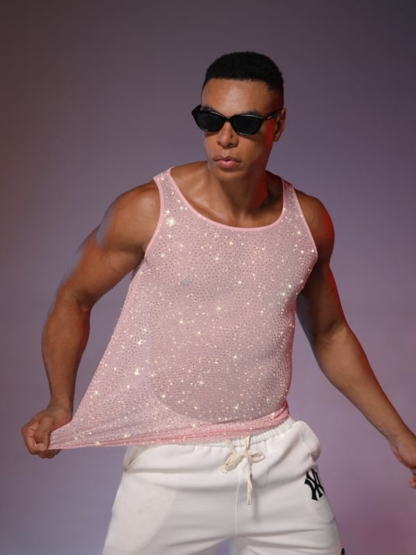 Meeste võrgust selja camisole hotfix kristallidega – streetwear disko top, polüester, ümmargune kaelus, õhuke materjal