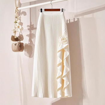 A-образна плетена пола с флорална шарка, висока талия за стягане, средна дължина, полиестер, микроеластична