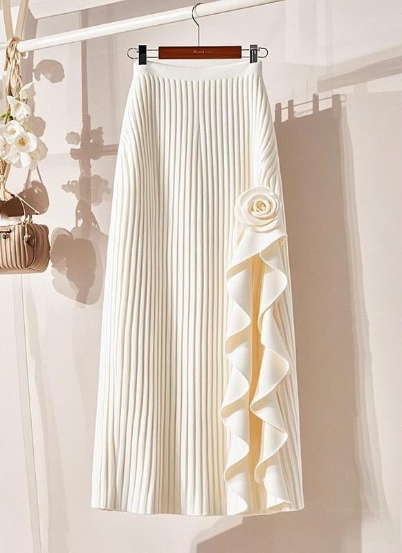 A-образна плетена пола с флорална шарка, висока талия за стягане, средна дължина, полиестер, микроеластична