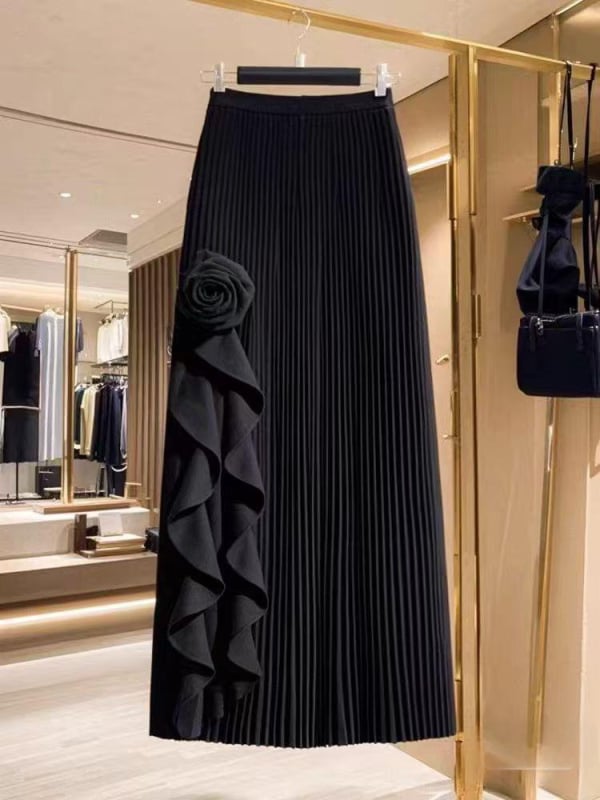 A-образна плетена пола с флорална шарка, висока талия за стягане, средна дължина, полиестер, микроеластична