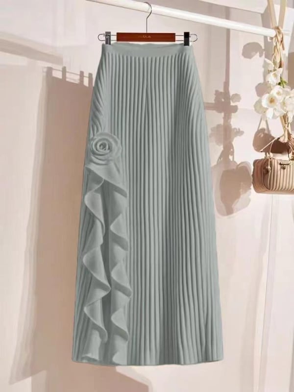 A-образна плетена пола с флорална шарка, висока талия за стягане, средна дължина, полиестер, микроеластична