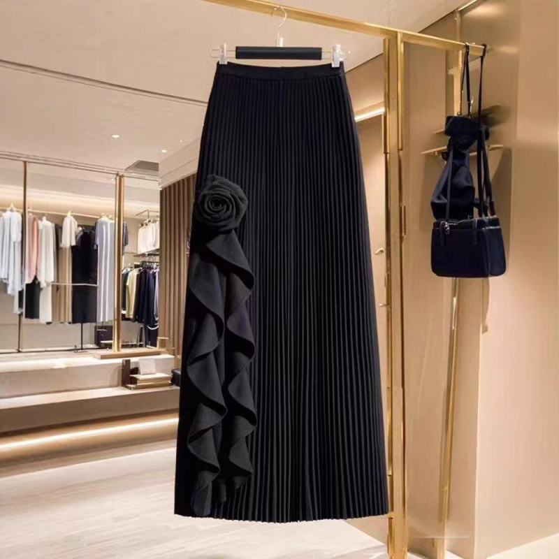 A-образна плетена пола с флорална шарка, висока талия за стягане, средна дължина, полиестер, микроеластична