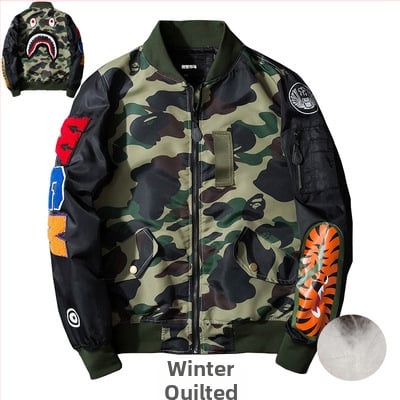 Jachetă bomber brodată, stil european-american, izolație groasă, închidere cu fermoar, guler înalt