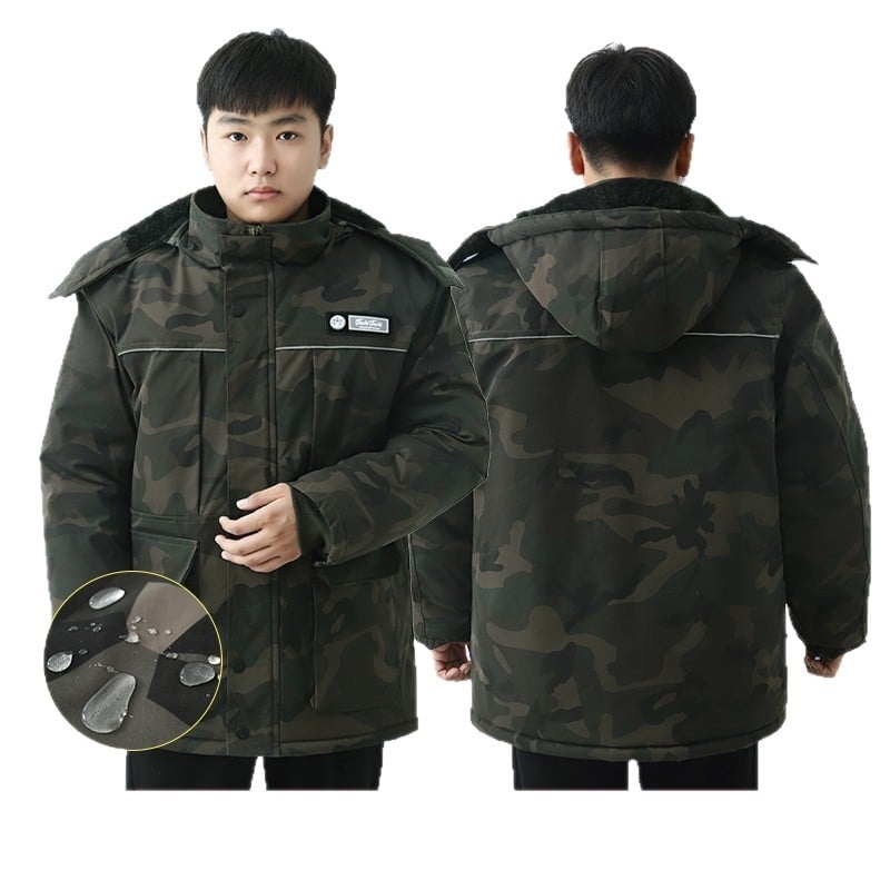 Set de îmbrăcăminte de iarnă din bumbac pentru muncă, cu glugă, model camuflaj, geacă și pantaloni cu fermoar, căptușeală fleece, izolație groasă