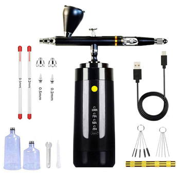 Električni aerograf s dvostrukim djelovanjem i automatskim pokretanjem/prekidanjem; maksimalni tlak 25; optimalna udaljenost prskanja 150–200; kompatibilni kapaciteti 7cc, 20cc, 40cc