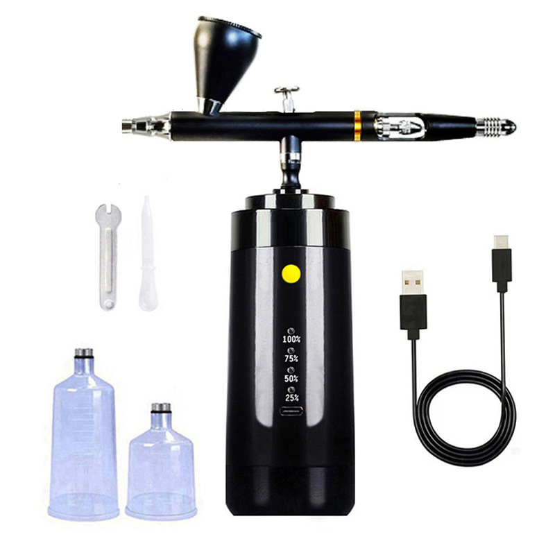 Električni aerograf s dvostrukim djelovanjem i automatskim pokretanjem/prekidanjem; maksimalni tlak 25; optimalna udaljenost prskanja 150–200; kompatibilni kapaciteti 7cc, 20cc, 40cc