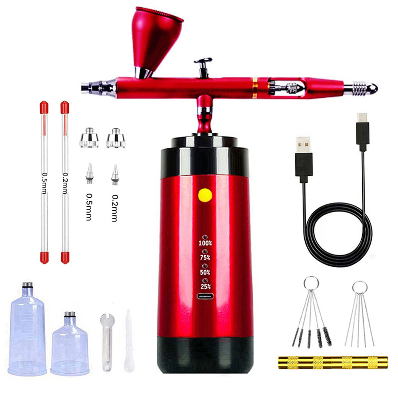 Električni aerograf s dvostrukim djelovanjem i automatskim pokretanjem/prekidanjem; maksimalni tlak 25; optimalna udaljenost prskanja 150–200; kompatibilni kapaciteti 7cc, 20cc, 40cc