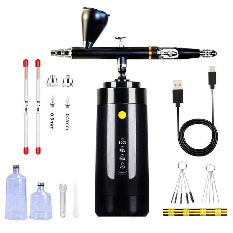 Električni aerograf s dvostrukim djelovanjem i automatskim pokretanjem/prekidanjem; maksimalni tlak 25; optimalna udaljenost prskanja 150–200; kompatibilni kapaciteti 7cc, 20cc, 40cc