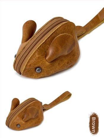 монетник и ключодържател от естествена кожа, първи слой телешка кожа, анимационен мотив с мишка, унисекс