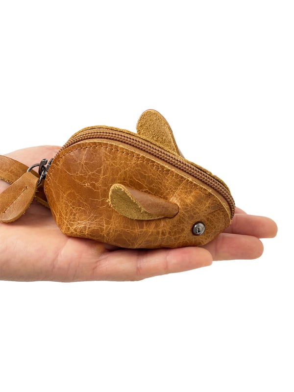 монетник и ключодържател от естествена кожа, първи слой телешка кожа, анимационен мотив с мишка, унисекс