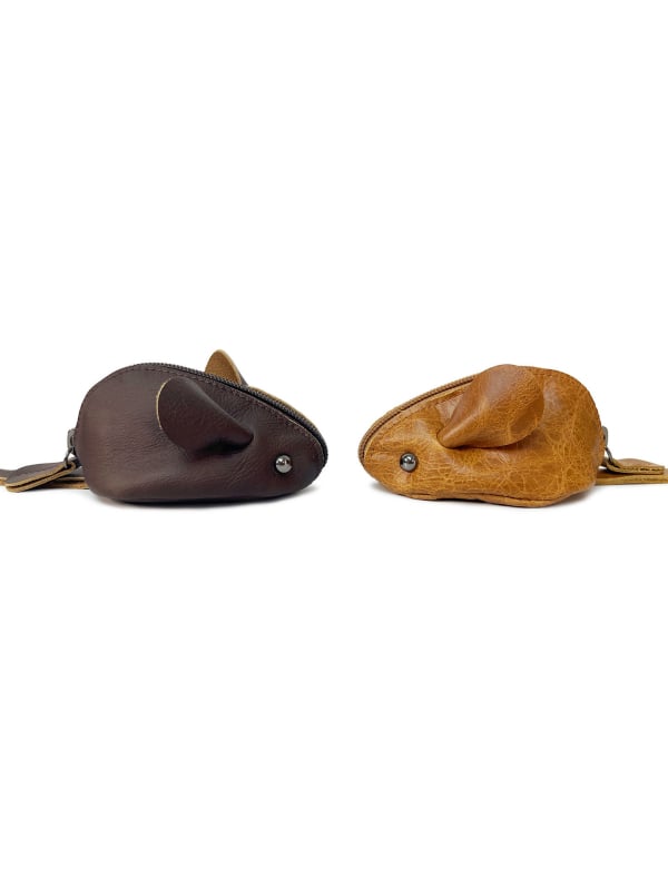 монетник и ключодържател от естествена кожа, първи слой телешка кожа, анимационен мотив с мишка, унисекс