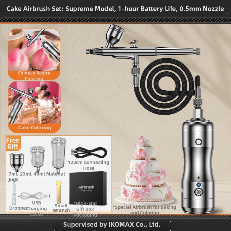 Tortový sprejový airbrush, bezdrôtový, elektrický — na mousse a pigmenty, nabíjateľná Li-ion batéria, 12V, značka Comes