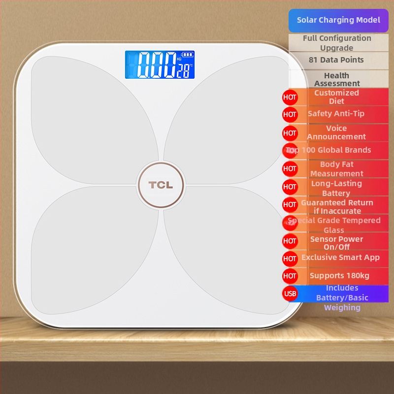 TCL 6039-SY Váha na telesný tuk, kapacita 180 kg, 3-palcový LED displej, USB napájanie, analýza telesného tuku a vody, temperované sklo