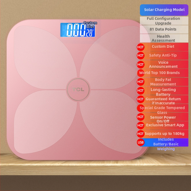 TCL 6039-SY Váha na telesný tuk, kapacita 180 kg, 3-palcový LED displej, USB napájanie, analýza telesného tuku a vody, temperované sklo