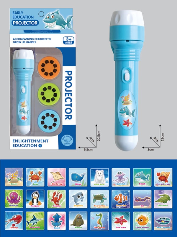 Παιδικό προβολικό φανάρι-παιχνίδι με μοτίβα εντόμων, δεινοσαύρων και μικρών ζώων; πλαστική κατασκευή; κατάλληλο για ηλικίες 4–6 ετών