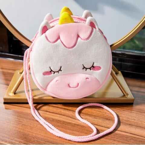 Dječja crossbody torba s jednorogom — pliš materijal, cartoon otisak, zatvaranje rajsferšijem, novčanik, poliester podstava