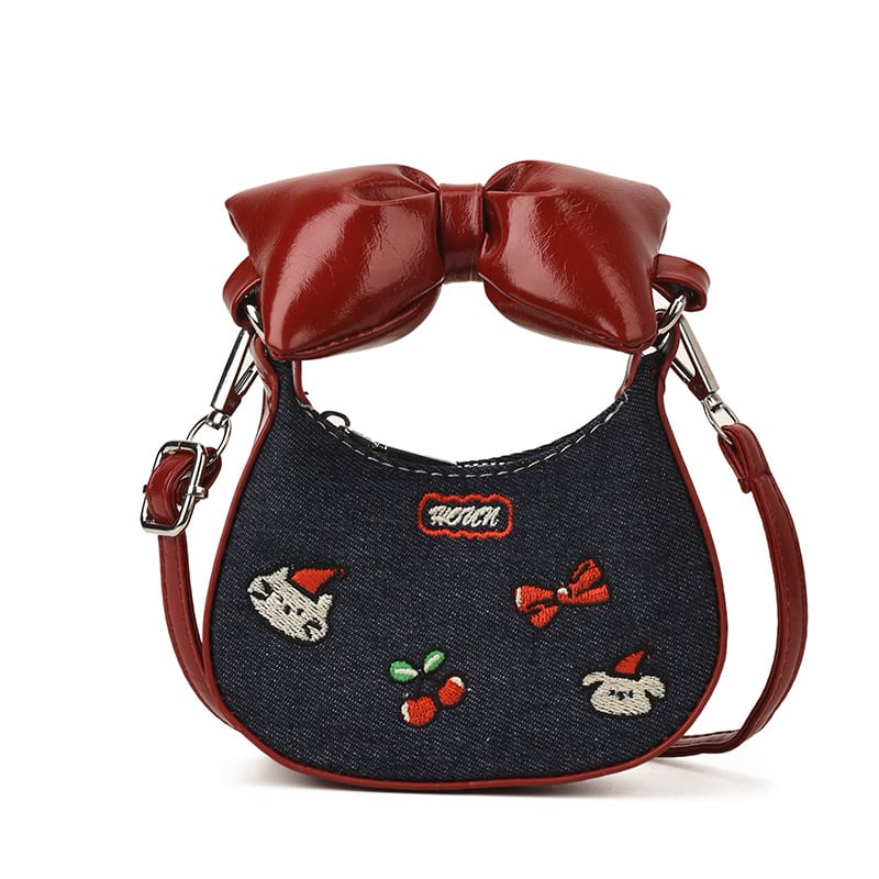 Ženska PU crossbody torba s izvezenim leptirovim uzlom, crtani motiv, ultra lagana, podstava poliester