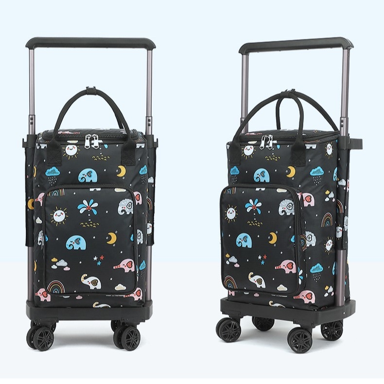 Căruț de cumpărături cu patru roți, pliabil și portabil, cu roți detașabile și geantă izolată, încărcătură maximă 35 kg