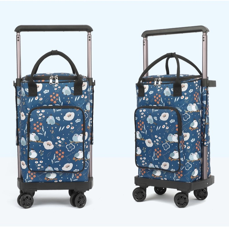 Căruț de cumpărături cu patru roți, pliabil și portabil, cu roți detașabile și geantă izolată, încărcătură maximă 35 kg