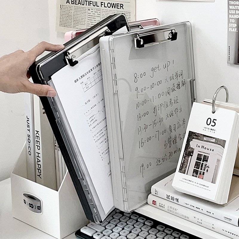 Višeslojni organizator datoteka s pločom za pisanje i dvostrukim klipsom, plastična konstrukcija, veličina klipa varira, debljina ploče varira, pogodan za različite veličine papira.