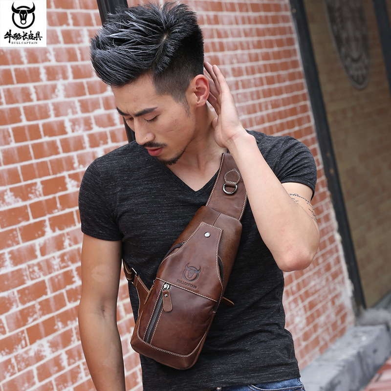 Muška kožna torbica za prsa s jednim remenom, retro stil euro-američki, koža gornjeg sloja krava, izdržljiva, brenda BULLCAPTAIN Leather Goods