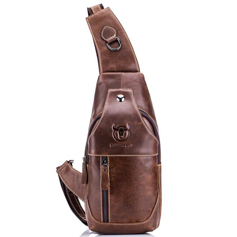 Muška kožna torbica za prsa s jednim remenom, retro stil euro-američki, koža gornjeg sloja krava, izdržljiva, brenda BULLCAPTAIN Leather Goods