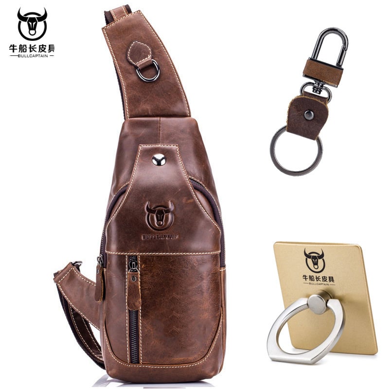 Muška kožna torbica za prsa s jednim remenom, retro stil euro-američki, koža gornjeg sloja krava, izdržljiva, brenda BULLCAPTAIN Leather Goods