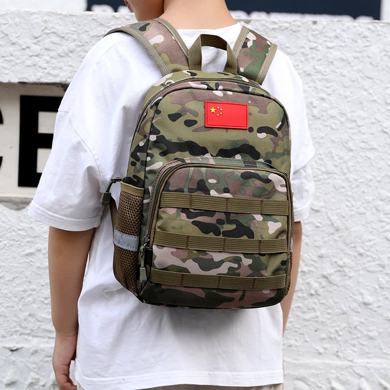 Laste kamuflaaziga seljakott poistele, Oxford-kangast, hingav, ultra-kerg, kulumiskindel, öise nähtavuse jaoks reflektoritega, kumerad õlarihmad