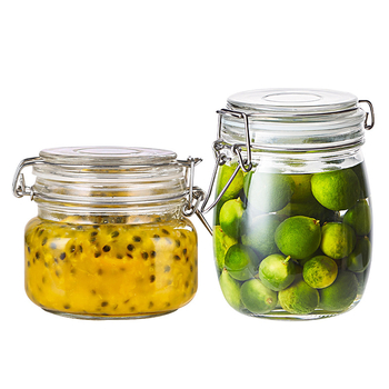 Стъклен буркан за съхранение, кръгъл, със запечатващ капак и катарама, хранителен клас, безоловен, обем 800-1000 ml