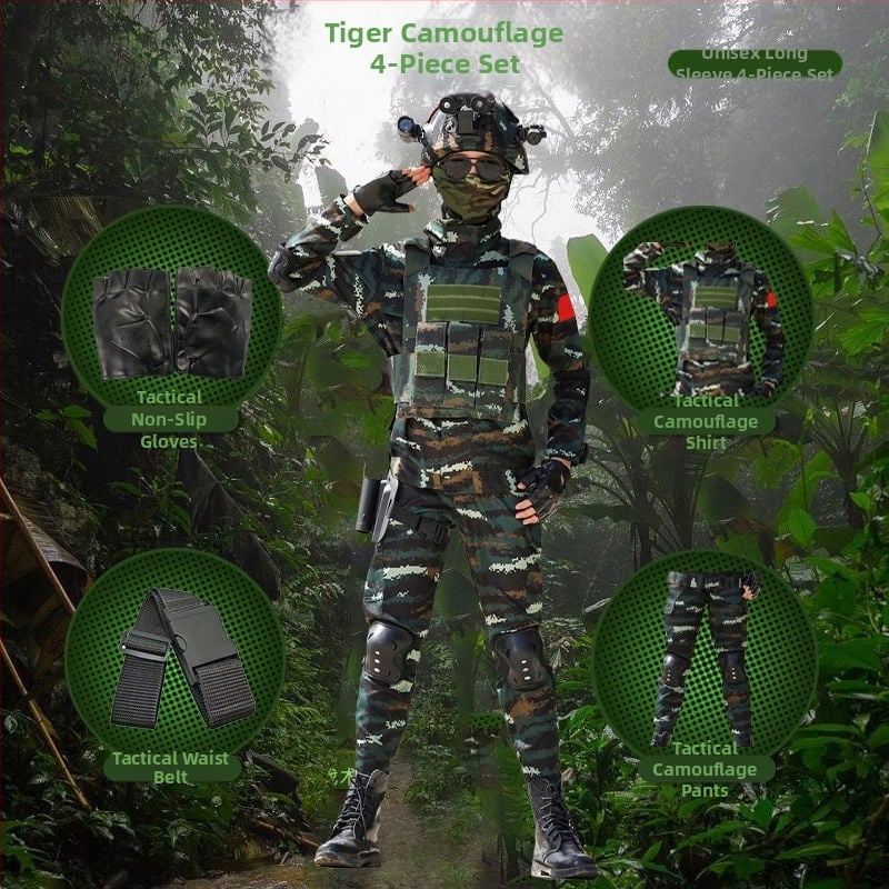 Детска тренировъчна униформа с камуфлажен принт, дишаща тъкан от фин имитационен плат, унисекс, за външни тренировки през пролет, лято и есен