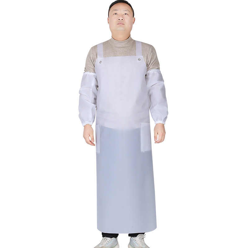 Vodootporna pregača s produženom dužinom i dvostrukim ramenskim remenima — materijal: goveđa tetiva; težina: 0.45 kg; pogodna za uzgoj, obradu morskih plodova, kuhinju i kantinu; funkcija: vodootporna i otporna na ulje