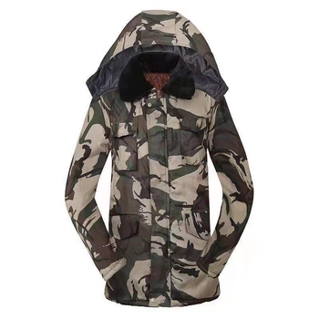 Zimska maskirna jakna s kapulom i krznom ovratnikom, punilo od svile, velur podstava, unisex