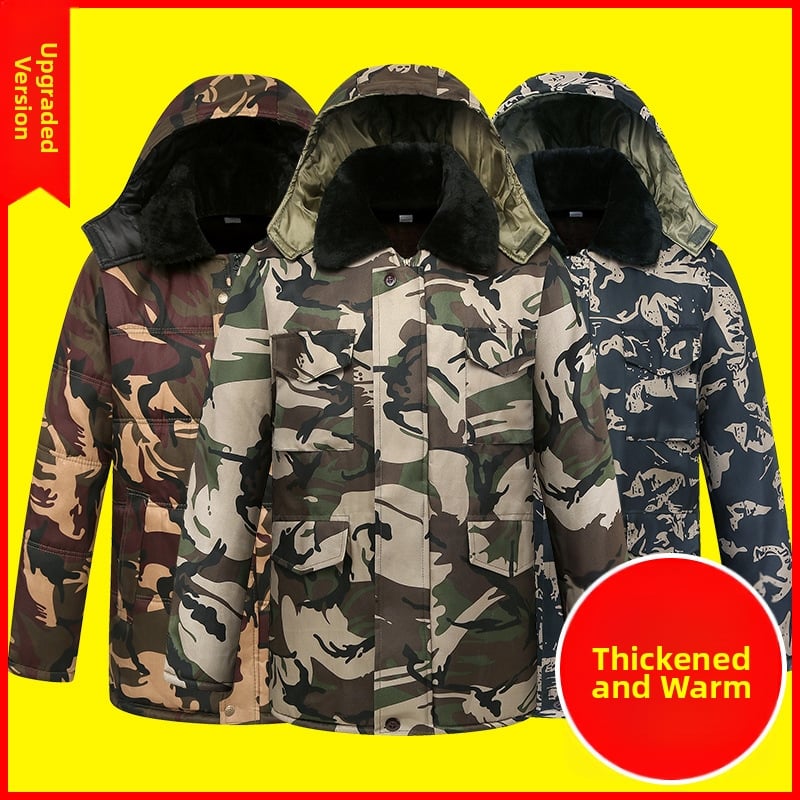 Zimska maskirna jakna s kapulom i krznom ovratnikom, punilo od svile, velur podstava, unisex