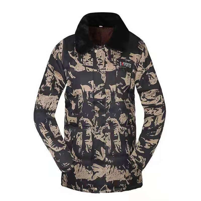 Zimska maskirna jakna s kapulom i krznom ovratnikom, punilo od svile, velur podstava, unisex