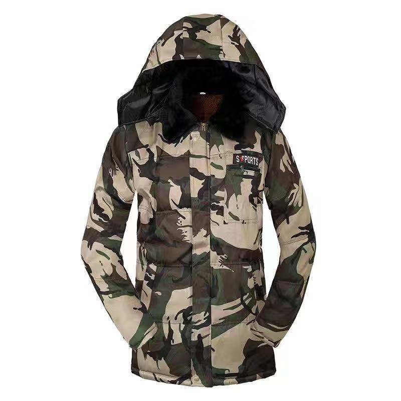 Zimska maskirna jakna s kapulom i krznom ovratnikom, punilo od svile, velur podstava, unisex