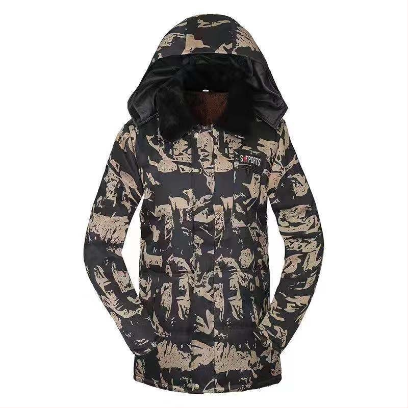 Zimska maskirna jakna s kapulom i krznom ovratnikom, punilo od svile, velur podstava, unisex