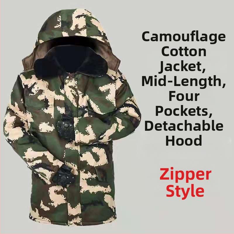 Zimska maskirna jakna s kapulom i krznom ovratnikom, punilo od svile, velur podstava, unisex