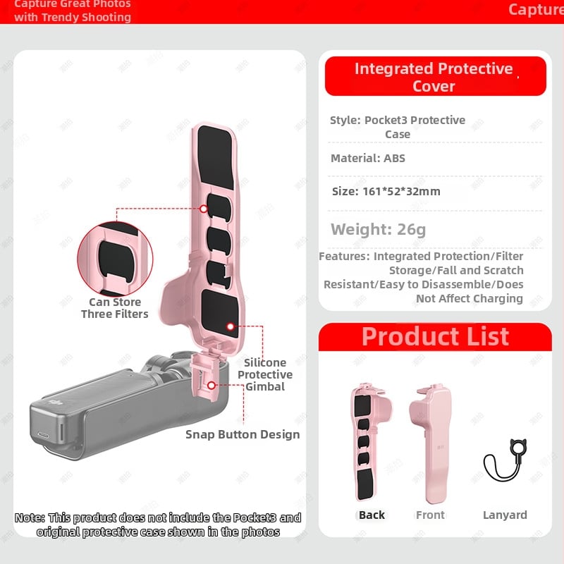DJI Pocket 3 – горен капак калъф със протектор за екран, удароустойчив, против натиск и съхранение на филтри