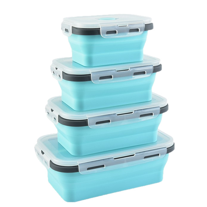 Силиконова сгъваема кутия за обяд – правоъгълна, хранителен силикон + пластмаса, микровълнова съвместима, капацитет 1–2 л