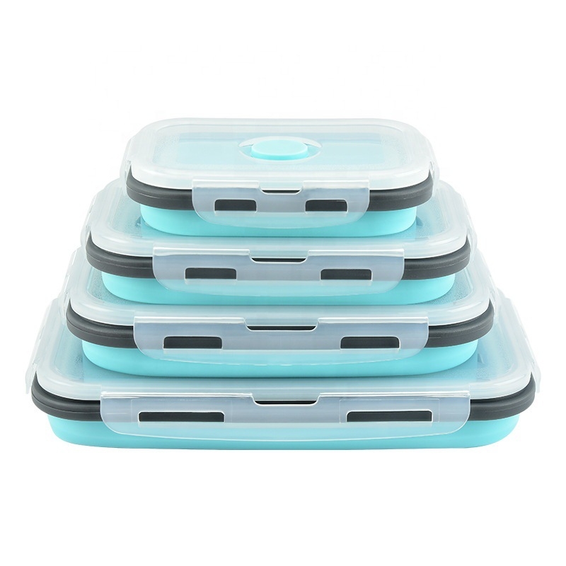 Силиконова сгъваема кутия за обяд – правоъгълна, хранителен силикон + пластмаса, микровълнова съвместима, капацитет 1–2 л
