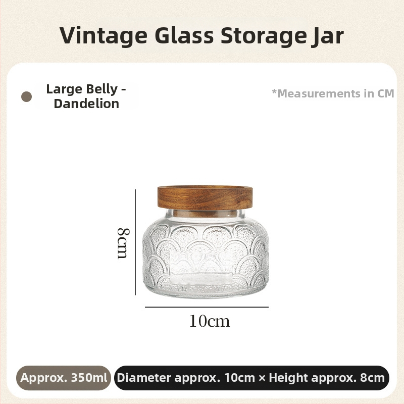 Reljefna staklena posuda za čuvanje – vintage okrugli stakleni spremnik za kuhinju, žitarice, hranu i čaj, 800–1000 ml, s otisnutim logom