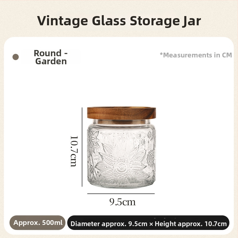 Reljefna staklena posuda za čuvanje – vintage okrugli stakleni spremnik za kuhinju, žitarice, hranu i čaj, 800–1000 ml, s otisnutim logom