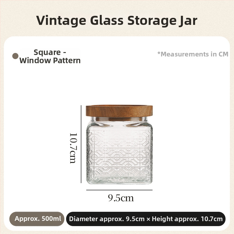 Reljefna staklena posuda za čuvanje – vintage okrugli stakleni spremnik za kuhinju, žitarice, hranu i čaj, 800–1000 ml, s otisnutim logom