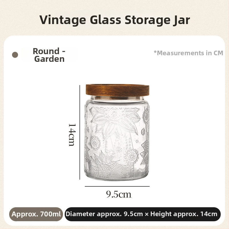 Reljefna staklena posuda za čuvanje – vintage okrugli stakleni spremnik za kuhinju, žitarice, hranu i čaj, 800–1000 ml, s otisnutim logom
